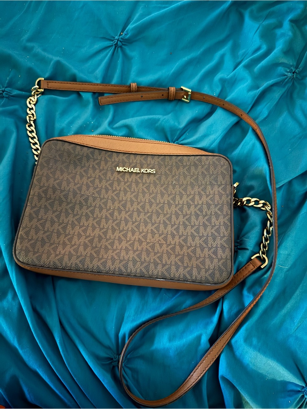 Michael Kors Brown Monogram Crossbody with Gold Chain